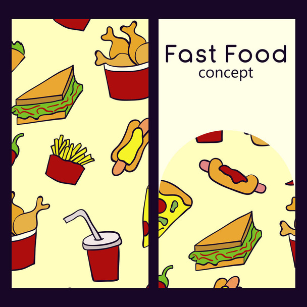 Vector logo design template and seamless pattern in doodle style for packaging. Fast food concept. Vector illustration - Vektor, kép