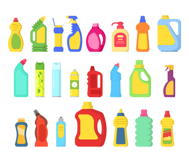 Установите значок различных моющих средств бутылки, более чистый спрей, освежитель воздуха и жидкость для стирки
  - Вектор,изображение