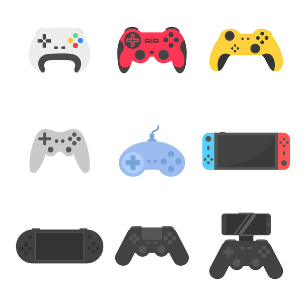 Set icono retro y modernos gampads y joysticks para juego plano
 - Vector, Imagen