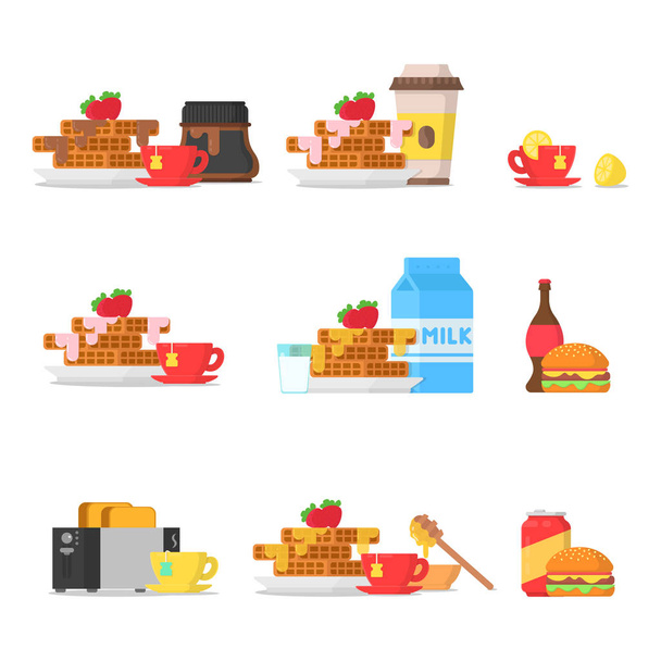 Set concepto desayuno con gofres, hamburguesa, té taza, café y leche y refrescos
 - Vector, Imagen