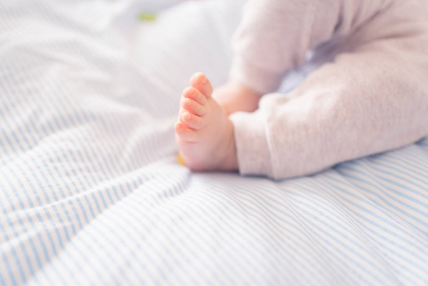 Primer plano de los pies y dedos del pie del bebé recién nacido, enfoque selectivo
. - Foto, imagen