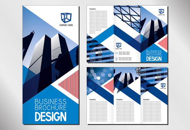 Panelli broşür / flyer şablonu (A4 formatına Dl - 3 x 99 x 210 mm) - modern ofis binaları / gökdelenler / defocused arka plan / finansal veri - mavi grafikleri üçgen ile. - Vektör, Görsel
