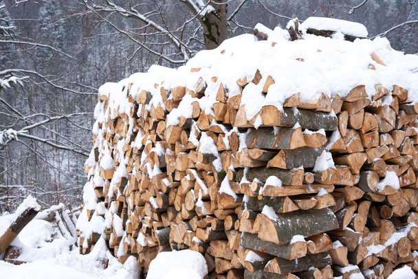 Chopped stock of firewood under snow outdoor - Fotó, kép