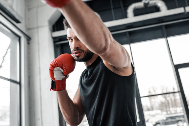 homme athlétique concentré dans les gants de boxe d'entraînement dans la salle de gym
 - Photo, image