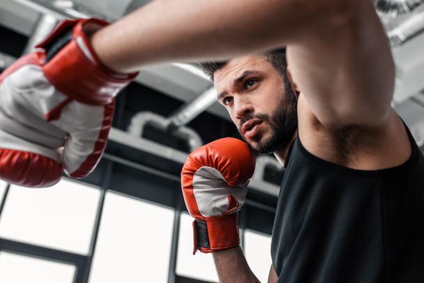 low angle view of handsome sporty young man in boxing gloves training in gym - Foto, imagen