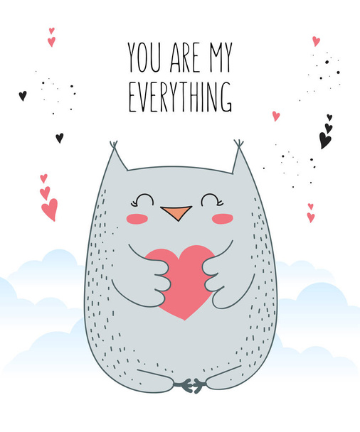 Vector line drawing poster with cute owl and heart. Doodle illustration. Valentine's day, anniversary, baby shower, birthday, children's part - Vector, Imagen