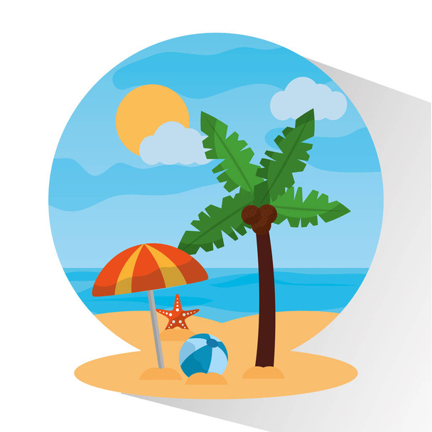 landscape beach palm tree umbrella ball starfish sun day - Wektor, obraz