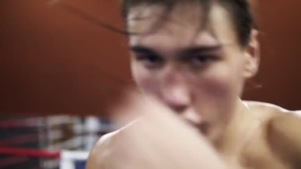 Portrait of man boxing with invisible opponent. Young man training in modern boxing gym. Active male boxer shirtless training. Shadow fight. Looking at the camera - Filmagem, Vídeo
