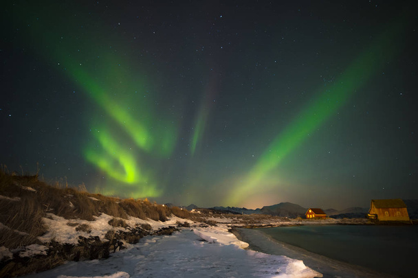 Admire to the northern lights from the beach, by the north sea with the snow is unmatched - Photo, Image