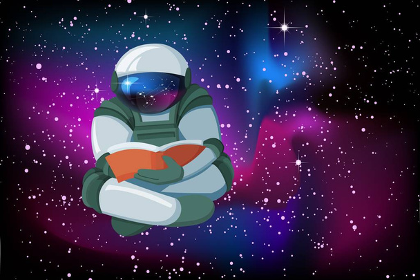 Πλωτή αστροναύτης διαβάζοντας ένα βιβλίο σε ομαλή λάμψη νύχτα ουρανό φόντο, κινούμενα σχέδια - Διάνυσμα, εικόνα