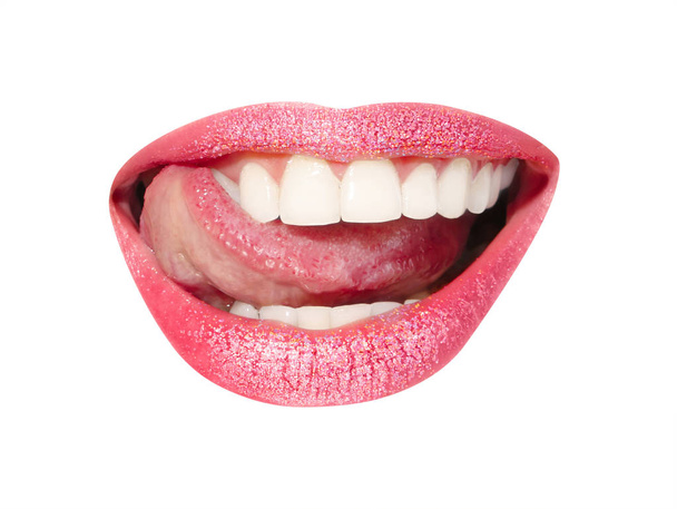 Beautiful mouth with shiny pink lipstick isolated on white - Фото, изображение