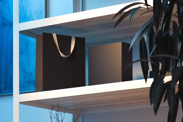Black shopping bag with white handles on wooden shelf. 3d rendering. - Zdjęcie, obraz