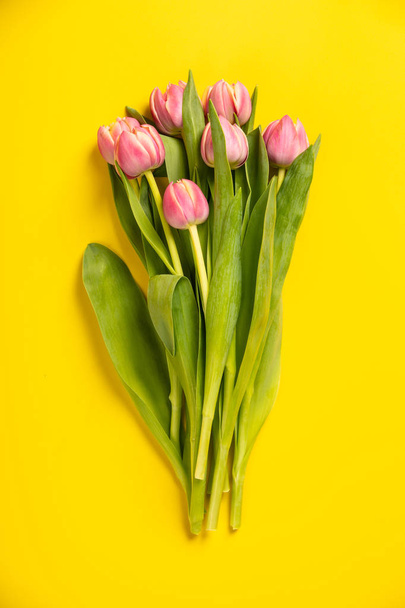 Pink tulips on yellow background. Flat lay composition for entrepreneurs, bloggers, magazines, websites, social media and instagram. - Photo, Image