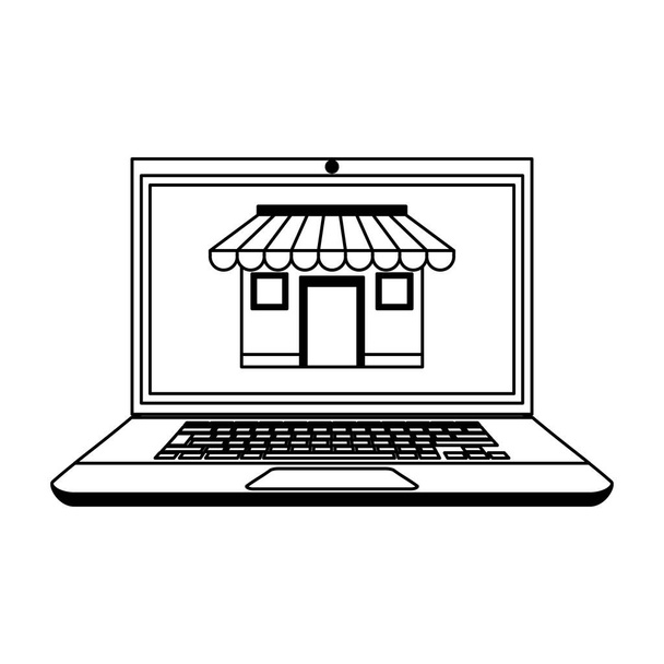 tienda en línea desde el ordenador portátil en blanco y negro
 - Vector, imagen