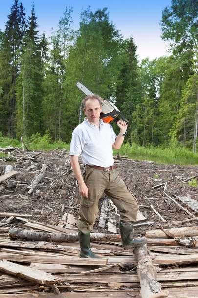 The man in wood saws a tree a chain saw - Φωτογραφία, εικόνα