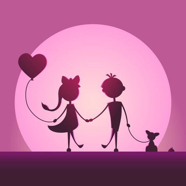 Silhouettes of a boy and a girl walking in the moonlight. - Vector, afbeelding