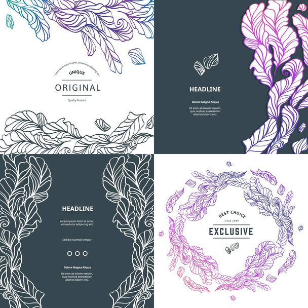 Vector Set of Beautiful Greeting Cards Templates. Illustration with Hand Drawn Feathers. Invitation Backgrounds - Vector, Image