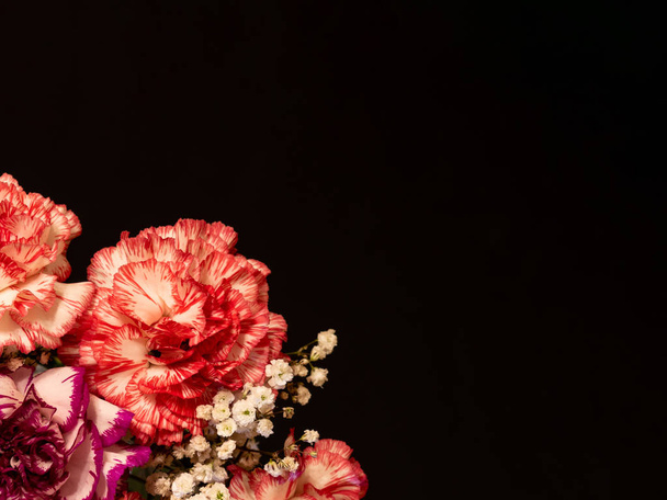Decorated bouquet of carnations on a dark background with copy space - Foto, afbeelding