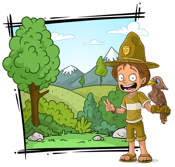 Γελοιογραφία χαμογελώντας ranger boyscout διάνυσμα χαρακτήρα με τον παπαγάλο στο ιστορικό τοπίο φύση - Διάνυσμα, εικόνα