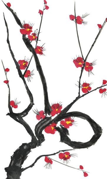 A branch of a blossoming sakura. Pink and red stylized flowers of plum mei and  wild cherry . Watercolor and ink illustration of tree in style sumi-e, go-hua,  u-sin. Oriental traditional painting. - Fotografie, Obrázek
