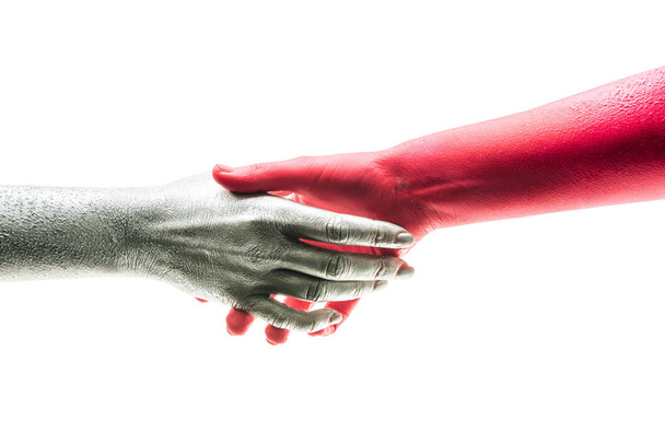 Handshake Amistad Partnership, dos personas estrechando las manos sobre fondo blanco. Negociación de negocios, feliz con el trabajo disfrutando con compañero de trabajo, Deal Concept. Buen trato. Arte apretón de manos, contrato de acuerdo
 - Foto, Imagen