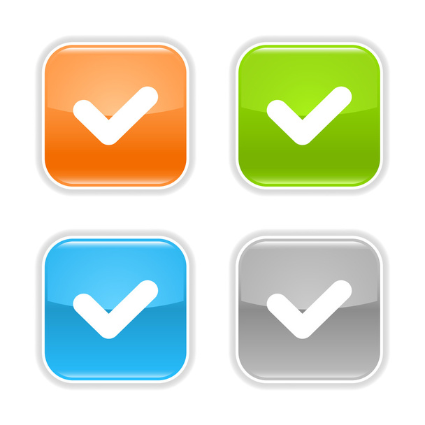 Chek symbol web 2.0 button. Colored glossy rounded square shapes with shadow on white background - ベクター画像