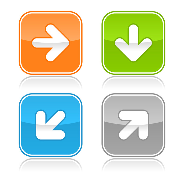 Colored internet web buttons with arrow symbol. Rounded square shape with gray reflection. White background - Vector, Image