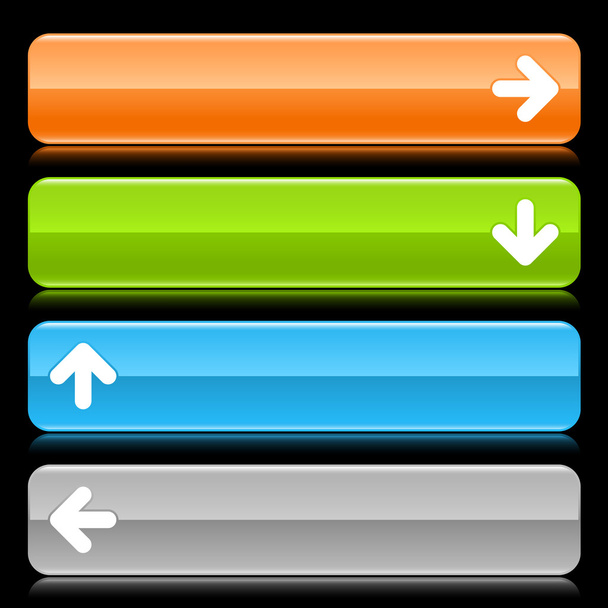 Кольорова глянцева закруглена веб-сторона прямокутника зі стрілкою зі значком кольору на чорному
 - Вектор, зображення