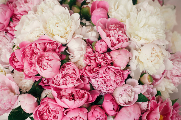 Peonies wallpaper pattern. Big stylish pink and white peony bouquet close up. Happy mothers day. Valentines day. Aroma scent concept. International Womens Day. - Photo, Image
