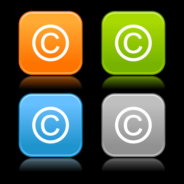 Glossy colored rounded square buttons with copyright sign with reflection on black background - Vector, Image