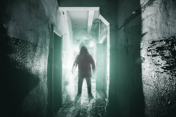 Silhouette of man maniac or killer or horror murderer with knife in hand in dark creepy and spooky corridor. Thriller atmosphere - Фото, изображение