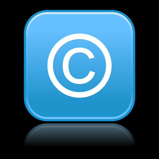 Splatany przyciski zaokrąglone kwadraty w kolorze niebieskim z symbol praw autorskich i odbicie na czarnym tle - Wektor, obraz