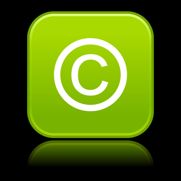 Matted green rounded squares buttons with copyright symbol and reflection on black background - Vector, Image