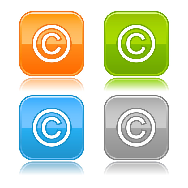 vier farbige abgerundete quadratische Web-Taste mit Urheberrechtszeichen auf weiß - Vektor, Bild