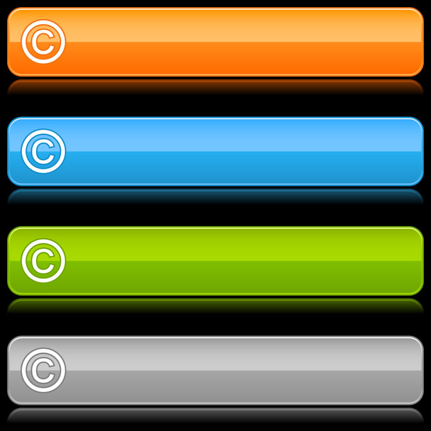 farbig glänzend abgerundete Rechteck-Webleiste mit Urheberrechtsschild mit Farbreflexion auf schwarzem Hintergrund - Vektor, Bild
