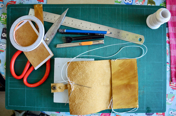 DIY handmade leather craft tools and equipment for made handcrafted genuine leather handmade leather local thai style at home workshop in Nonthaburi, Thailand.   - Photo, Image