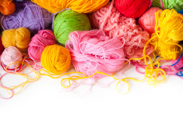 Colored balls of yarn. View from above. Rainbow colors. All colors. Yarn for knitting. Skeins of yarn. - Zdjęcie, obraz