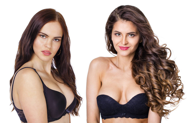 Two sexy brunette women models with fresh daily makeup- isolated on white background - Valokuva, kuva