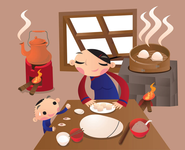 Китаянка готовит пельмени на кухне.
 - Вектор,изображение
