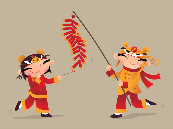 Two Chinese kids playing firecrackers to celebrate Chinese New Year Coming - Vector, imagen