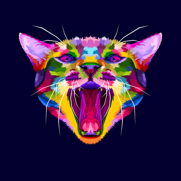 głowa kolorowy zły kota, kot warczy, zły kot z bliska - Wektor, obraz