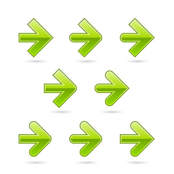 9 variações web seta verde 2.0 ícones. Formas brilhantes com sombra no fundo branco
 - Vetor, Imagem