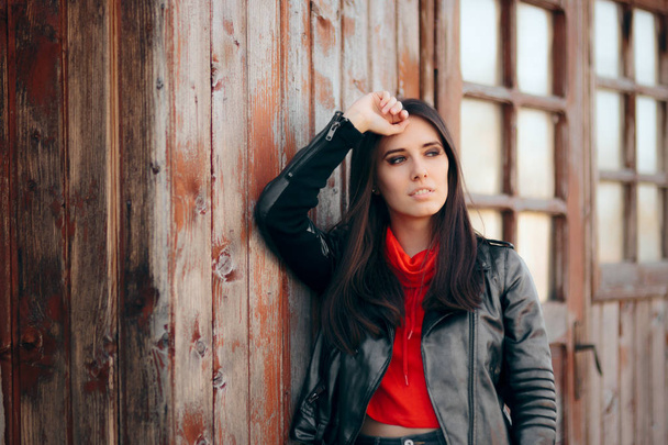 Cool Young Woman Outdoor Portrait Wearing Leather Jacket  - Photo, image