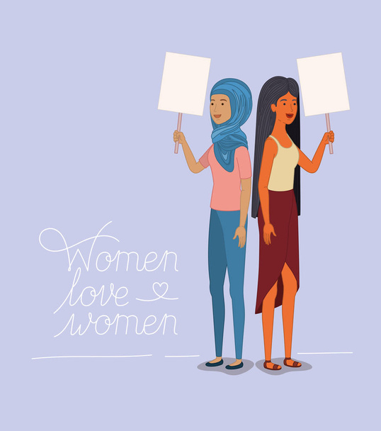 group of women characters with feminist message - Vector, Image