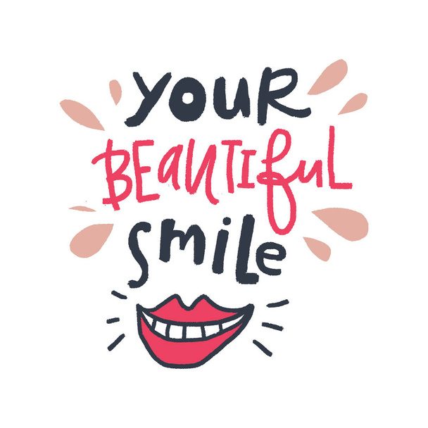 Cute cartoon humor dental hand drawn postcard, lips symbol, doodle art. Good for design dentist cabinet. - Vetor, Imagem