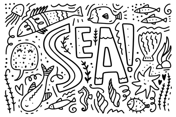 Vector sea life collection. Set of different marine characters. Children's coloring book illustration. - Vector, Image