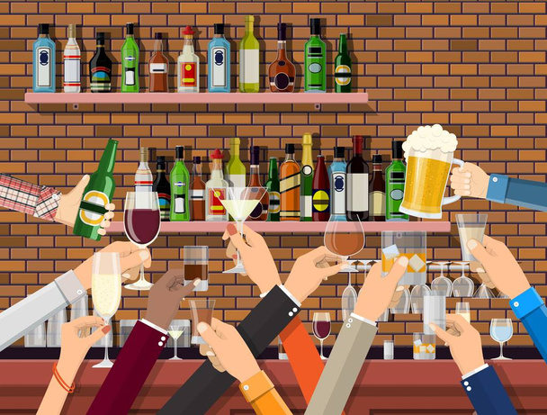 Hands group holding glasses with various drinks. - Vector, Image