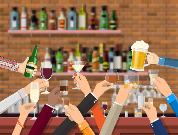 Hands group holding glasses with various drinks. - Vector, Image