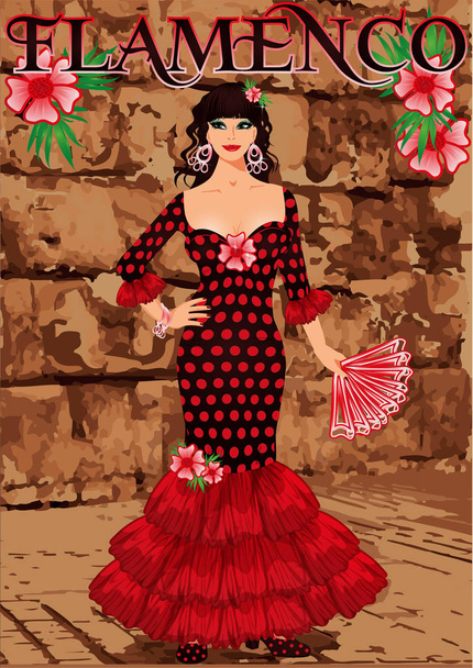 Spanish flamenco dancer girl, invitation floral card, vector illustration - Wektor, obraz