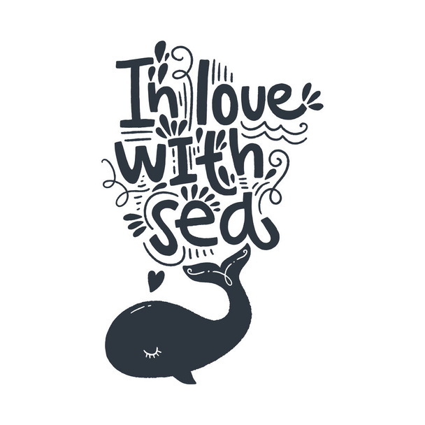 Summer lettering and little cute whale. Vintage stylized postcard. Hand drawn stylish nursery art. Vector illustration. - Вектор,изображение